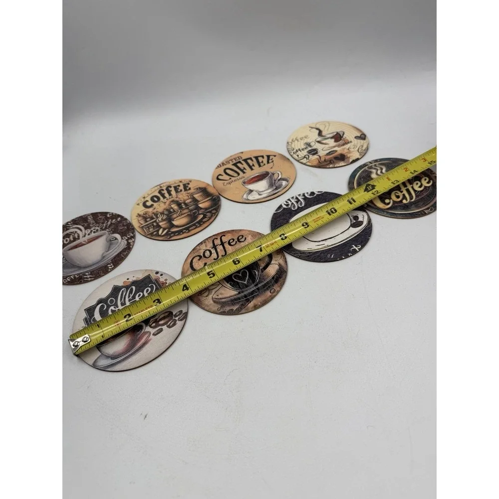 Set Of 8 Wooden Painted Coffee Themed Coasters NEW Natural Wood